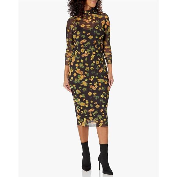 Steve Madden Vivienne Black Floral Mesh Turtleneck Long Sleeve Midi Dress XS NWT - Picture 1 of 9